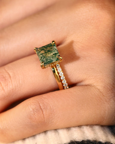 VERGER Princess Cut Green Moss Agate Engagement Ring Set