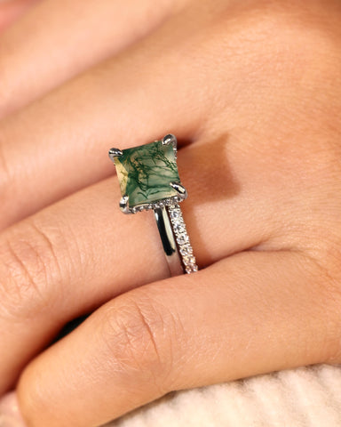 VERGER Princess Cut Green Moss Agate Engagement Ring Set