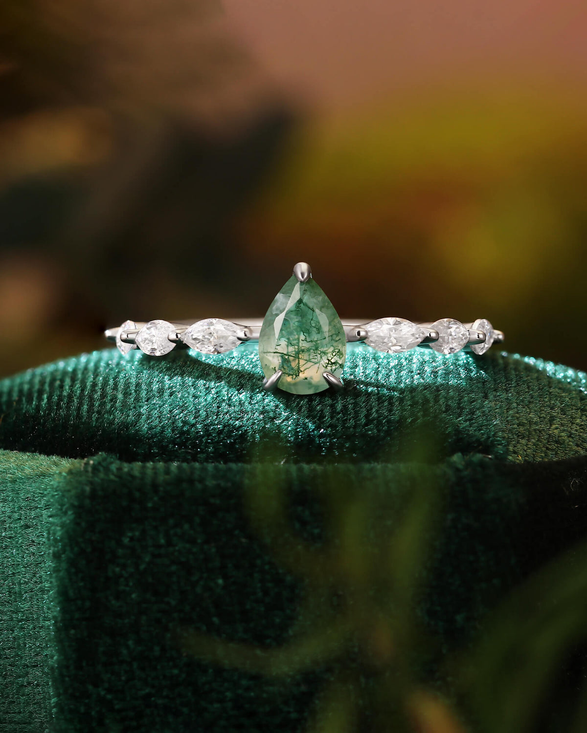 LYDIA Pear Moss Agate Marquise Engagement Ring