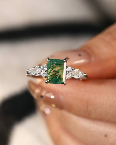 SULLY Emerald Cut Moss Agate and Moissanite Cluster Engagement Ring