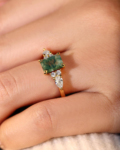 SULLY Emerald Cut Moss Agate and Moissanite Cluster Engagement Ring