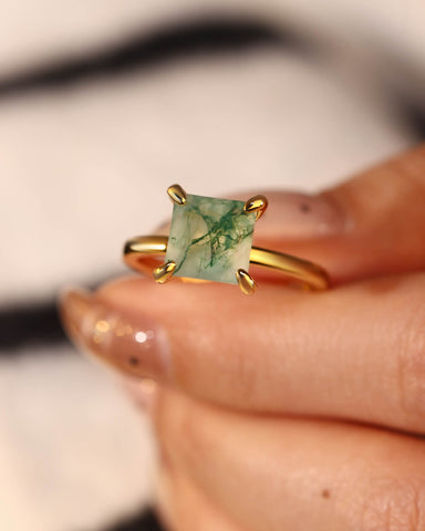 RHEA Princess Cut Moss Agate Solitaire Engagement Ring