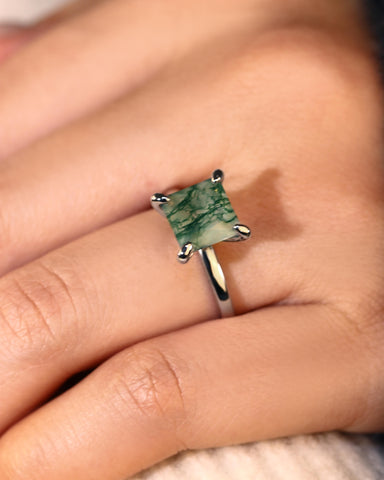 RHEA Princess Cut Moss Agate Solitaire Engagement Ring