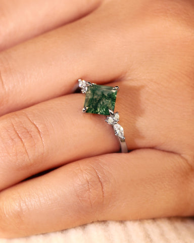 JUDITH Princess Cut Moss Agate Three Stone Engagement Ring