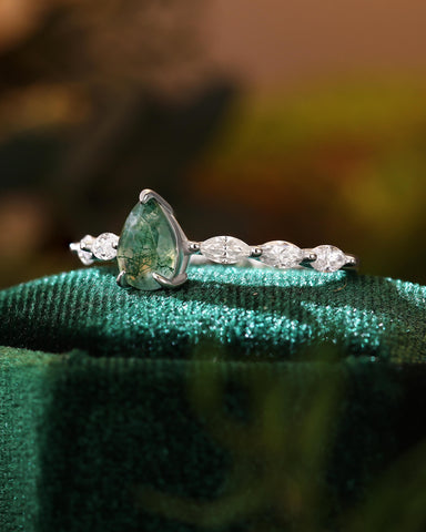 LYDIA Pear Moss Agate Marquise Engagement Ring