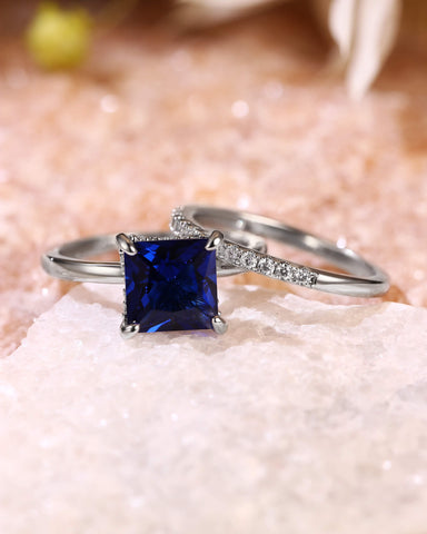 BELINDA Classic Princess Cut Sapphire Bridal Set 2pcs