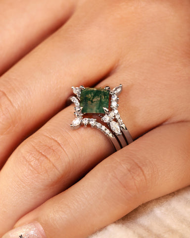 FAITH Green Moss Agate Princess Cut Engagement Ring Set 3pcs