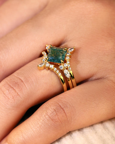 FAITH Green Moss Agate Princess Cut Engagement Ring Set 3pcs