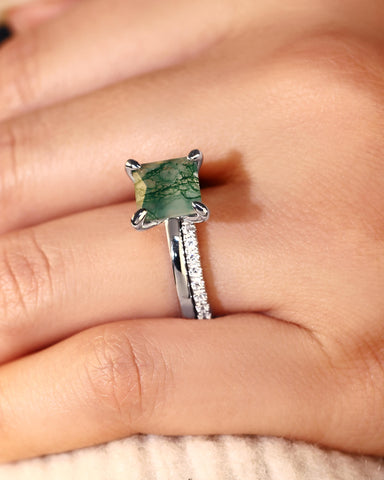 AADHYA Princess Cut Natural Moss Agate Solitaire Wedding Bridal Ring
