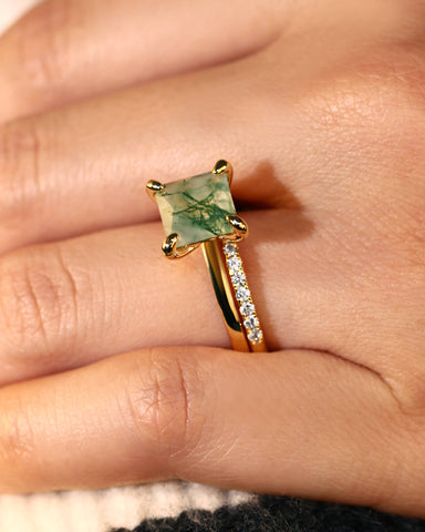 AADHYA Princess Cut Natural Moss Agate Solitaire Wedding Bridal Ring