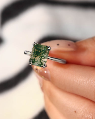 HARPER Double Prongs Emerald Cut Natural Moss Agate Engagement Ring