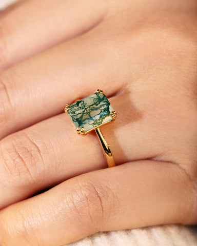 HARPER Double Prongs Emerald Cut Natural Moss Agate Engagement Ring