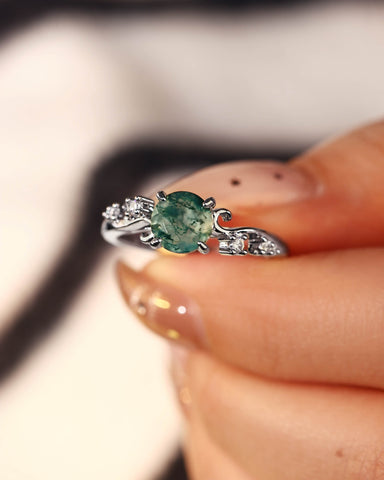 ARIEL Round Shaped Vine Moss Agate Engagement Ring