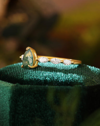 LYDIA Pear Moss Agate Marquise Engagement Ring
