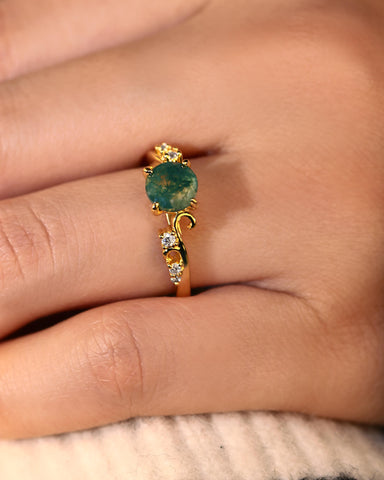 ARIEL Round Shaped Vine Moss Agate Engagement Ring
