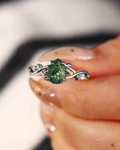 MABEL Pear Cut Moss Agate Leaf Nature Inspired Engagement Ring