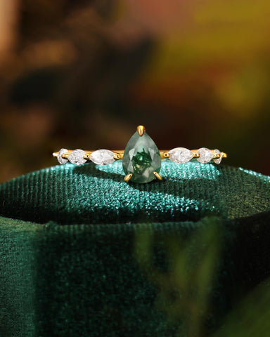 LYDIA Pear Moss Agate Marquise Engagement Ring