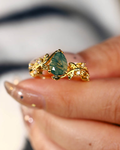 AVERY Pear Cut Moss Agate Leafy Engagement Ring
