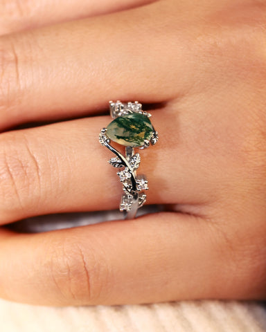 AVERY Pear Cut Moss Agate Leafy Engagement Ring