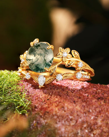 MANDORA Round Cut Moss Agate Leafy Engagement Ring Set 2pcs