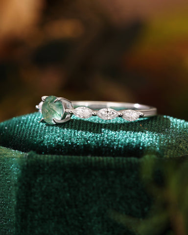 ONA Round Shaped Moss Agate Marquise Engagement Ring