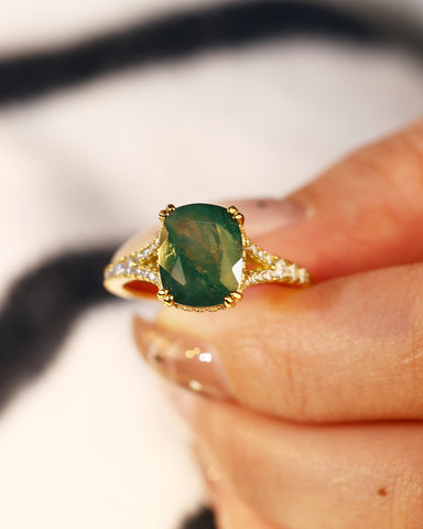 FERNANDA Cushion Cut Moss Agate Split Shank Engagement Ring