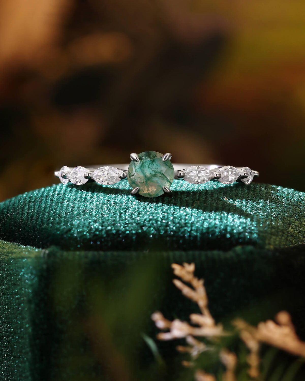 ONA Round Shaped Moss Agate Marquise Engagement Ring