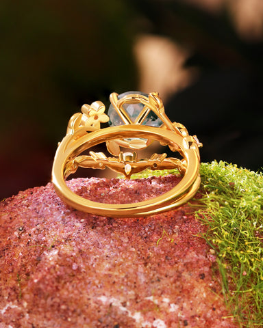 MANDORA Round Cut Moss Agate Leafy Engagement Ring Set 2pcs