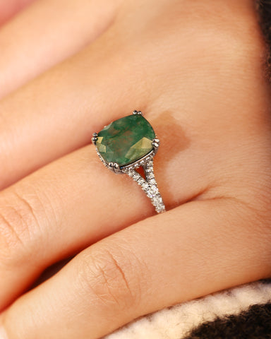 FERNANDA Cushion Cut Moss Agate Split Shank Engagement Ring