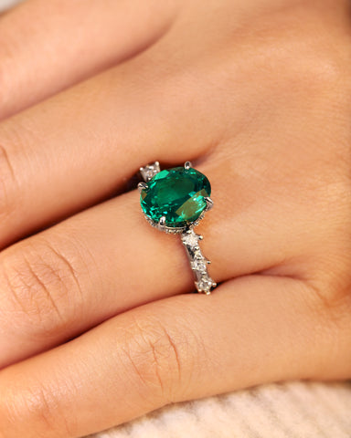 JADE Moissanite Accented Oval Cut Emerald Engagement Ring