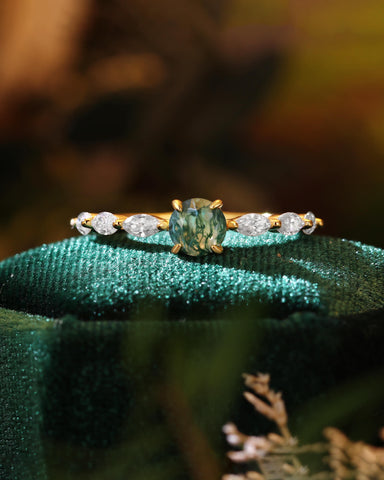 ONA Round Shaped Moss Agate Marquise Engagement Ring