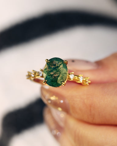 UDAIS Unique Nature Inspired Oval Shaped Moss Agate Engagement Ring