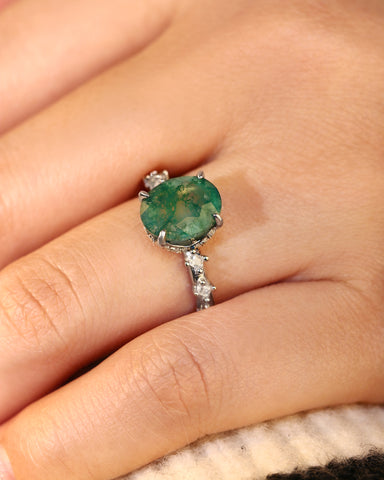UDAIS Unique Nature Inspired Oval Shaped Moss Agate Engagement Ring