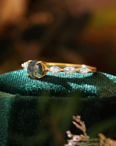 ONA Round Shaped Moss Agate Marquise Engagement Ring