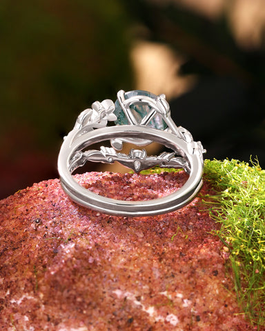 MANDORA Round Cut Moss Agate Leafy Engagement Ring Set 2pcs