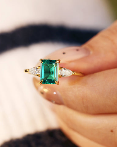 VICTORIA Three Stone Twinning Pears Emerald Engagement Ring