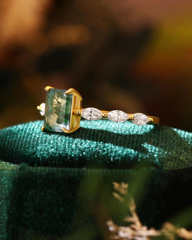 PEYTON Emerald Cut Moss Agate Promise Ring With Marquise Accents