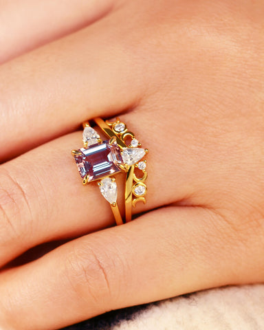 THEIA Unique Emerald Cut Wedding Ring Set Alexandrite moon & sun Inspire Bridal Set-2pcs