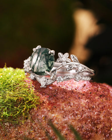 MANDORA Round Cut Moss Agate Leafy Engagement Ring Set 2pcs