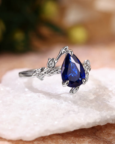 HELENE Pear Cut Sapphire Leafy Nature Inspired Engagement Ring
