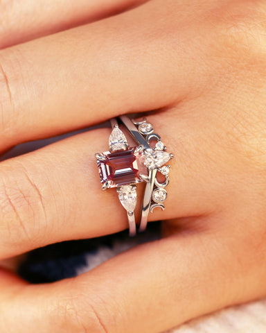 THEIA Unique Emerald Cut Wedding Ring Set Alexandrite moon & sun Inspire Bridal Set-2pcs