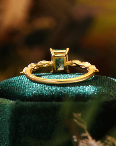 PEYTON Emerald Cut Moss Agate Promise Ring With Marquise Accents