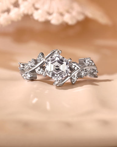 HERMINE Hexagon Cut Moissanite Bypass Leafy Engagement Ring