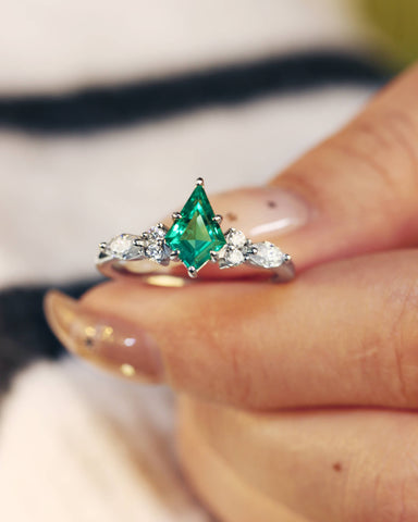 ZENOBIA Kite Cut Emerald Diamonds Cluster Engagement Ring