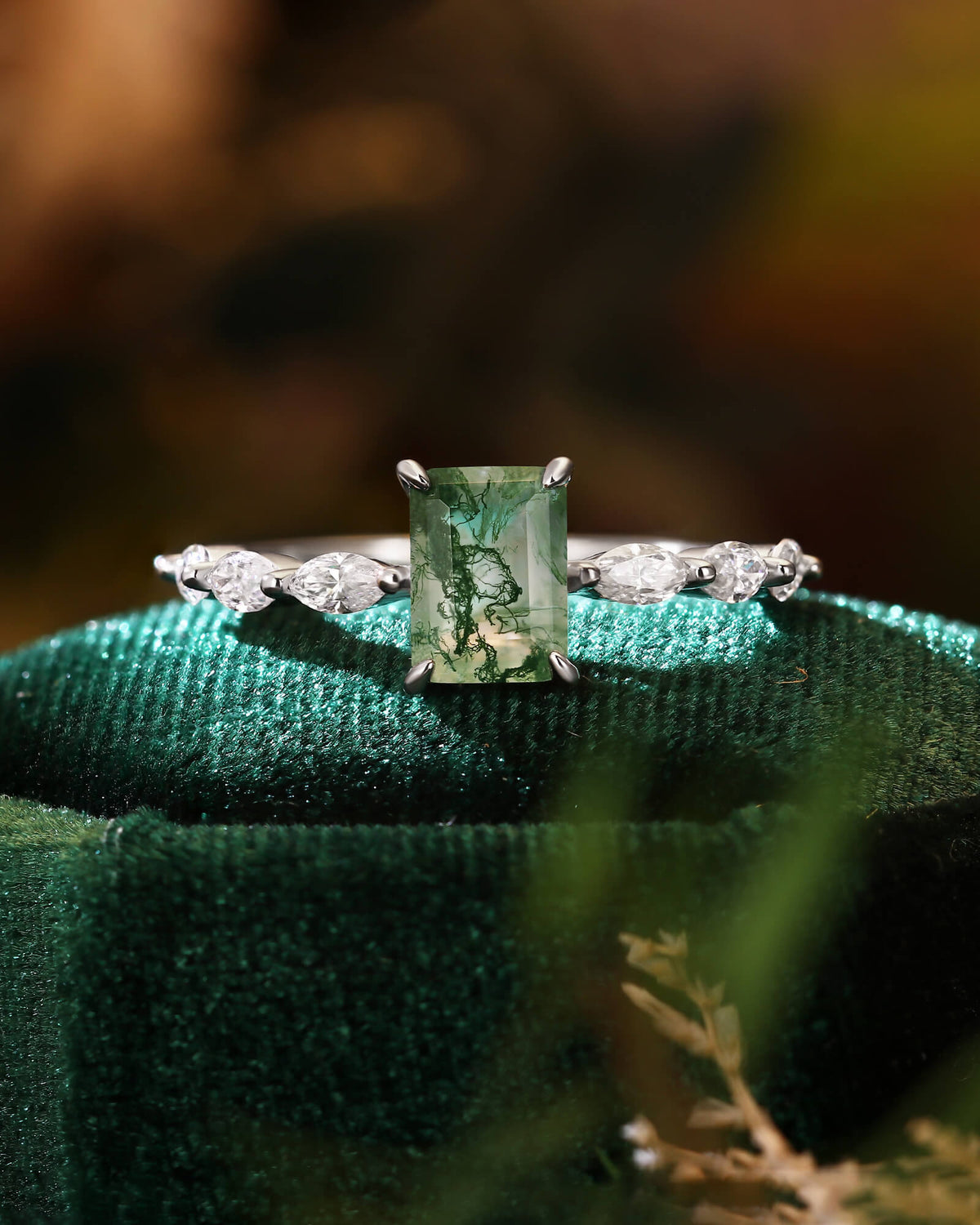 PEYTON Emerald Cut Moss Agate Promise Ring With Marquise Accents