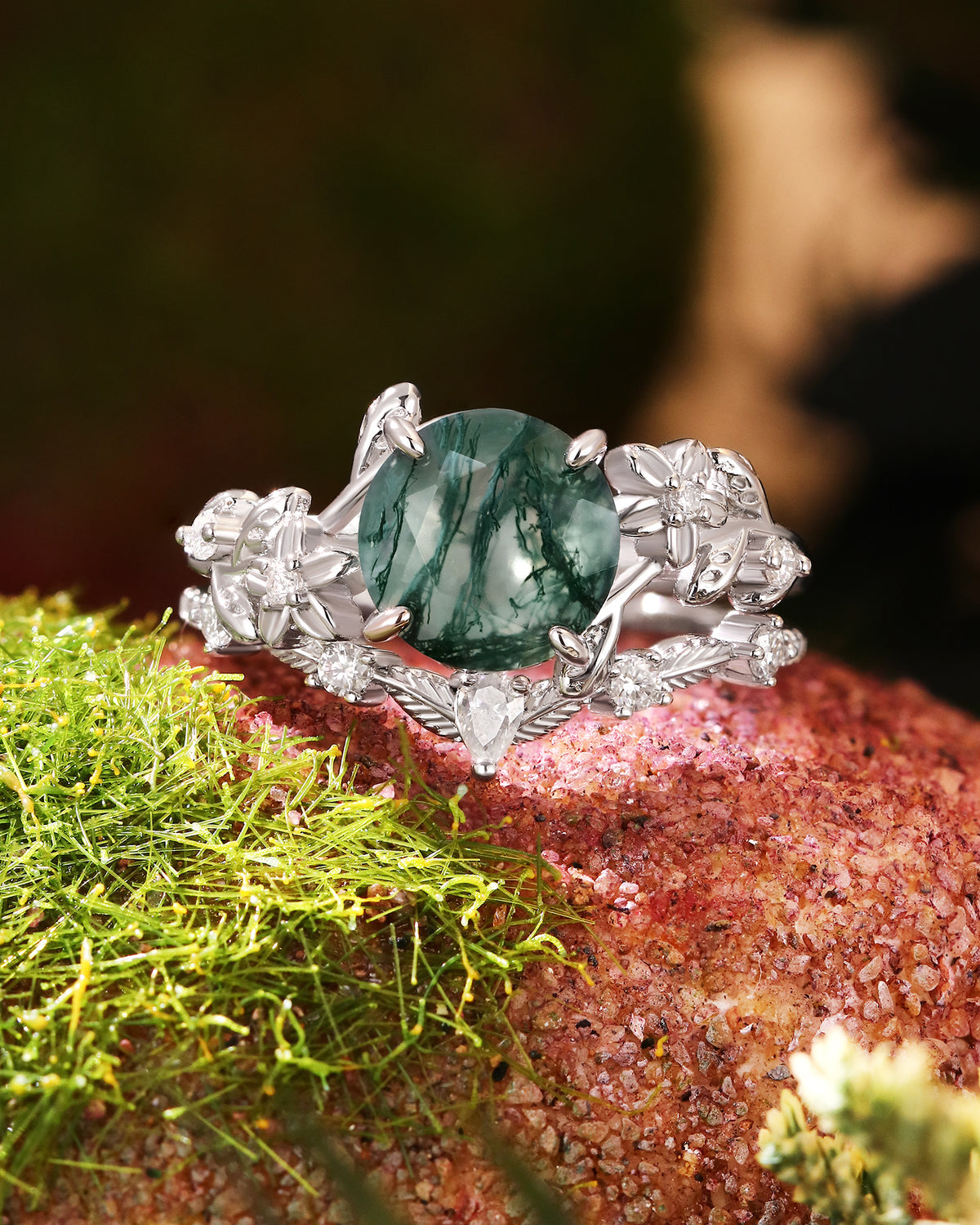 MANDORA Round Cut Moss Agate Leafy Engagement Ring Set 2pcs