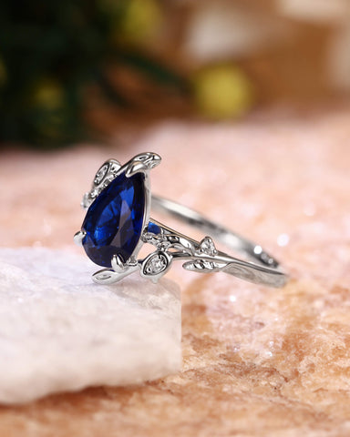 HELENE Pear Cut Sapphire Leafy Nature Inspired Engagement Ring
