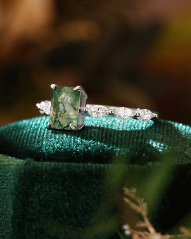 PEYTON Emerald Cut Moss Agate Promise Ring With Marquise Accents