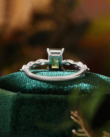 PEYTON Emerald Cut Moss Agate Promise Ring With Marquise Accents