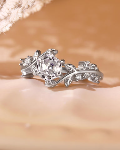 HERMINE Hexagon Cut Moissanite Bypass Leafy Engagement Ring